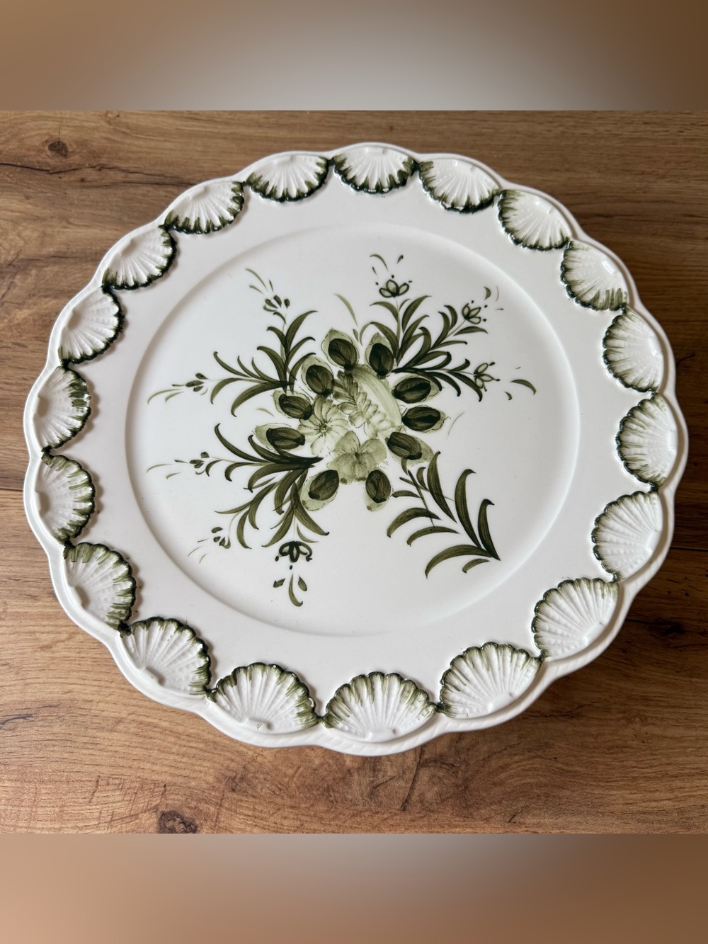Vintage Cake Pedestal Stand Hand Painted Green Floral With Shell Edging Gorgeous